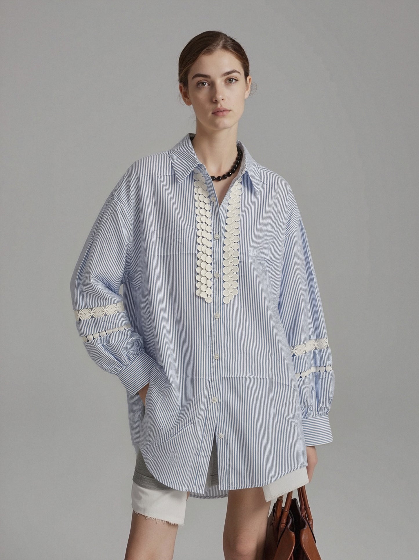 Women’s Blue Striped Oversized Shirt – Lace Trim Button-Up Blouse