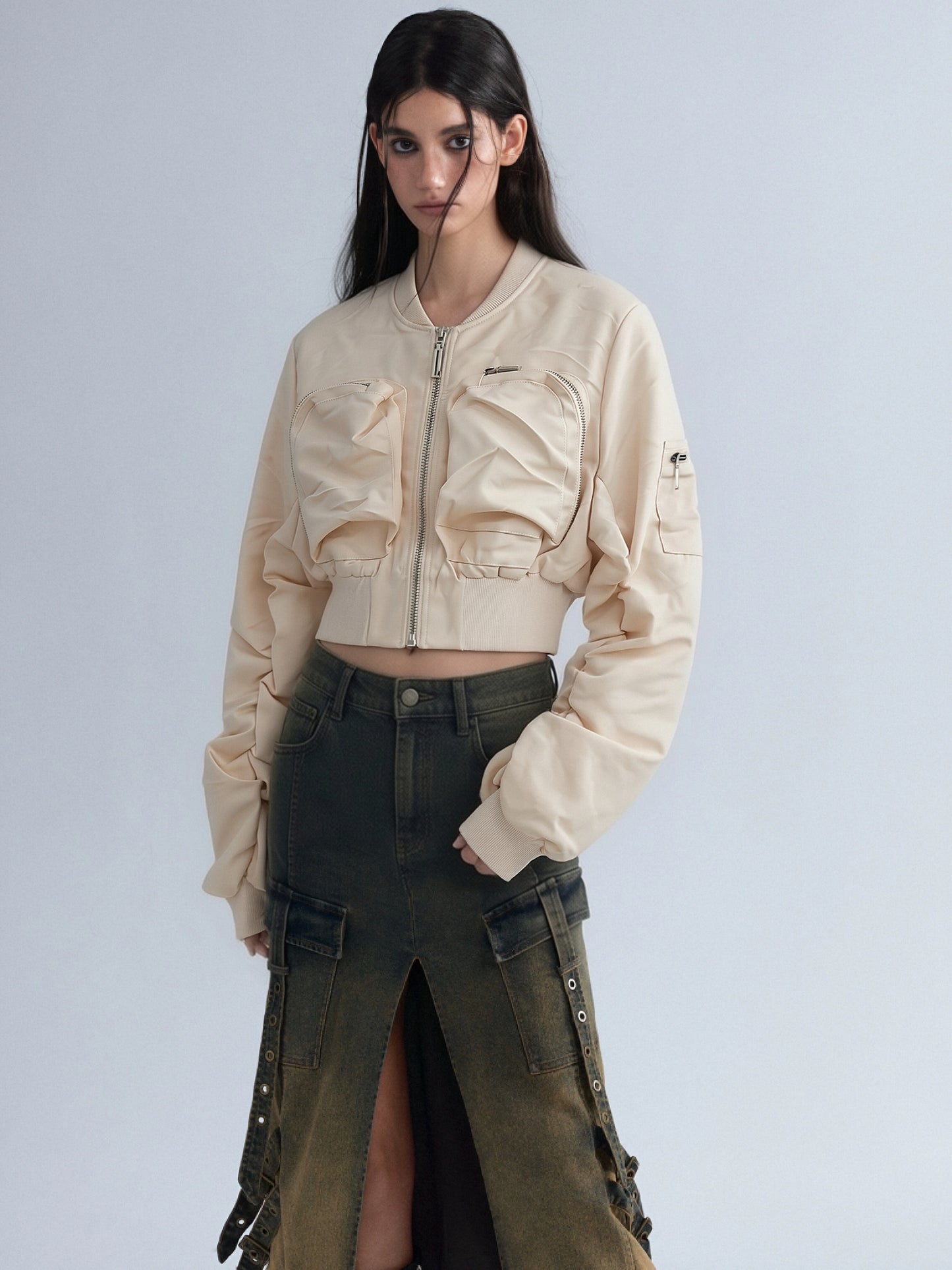 Women’s Cropped Bomber Jacket – Zip-Up Utility Pocket Jacket