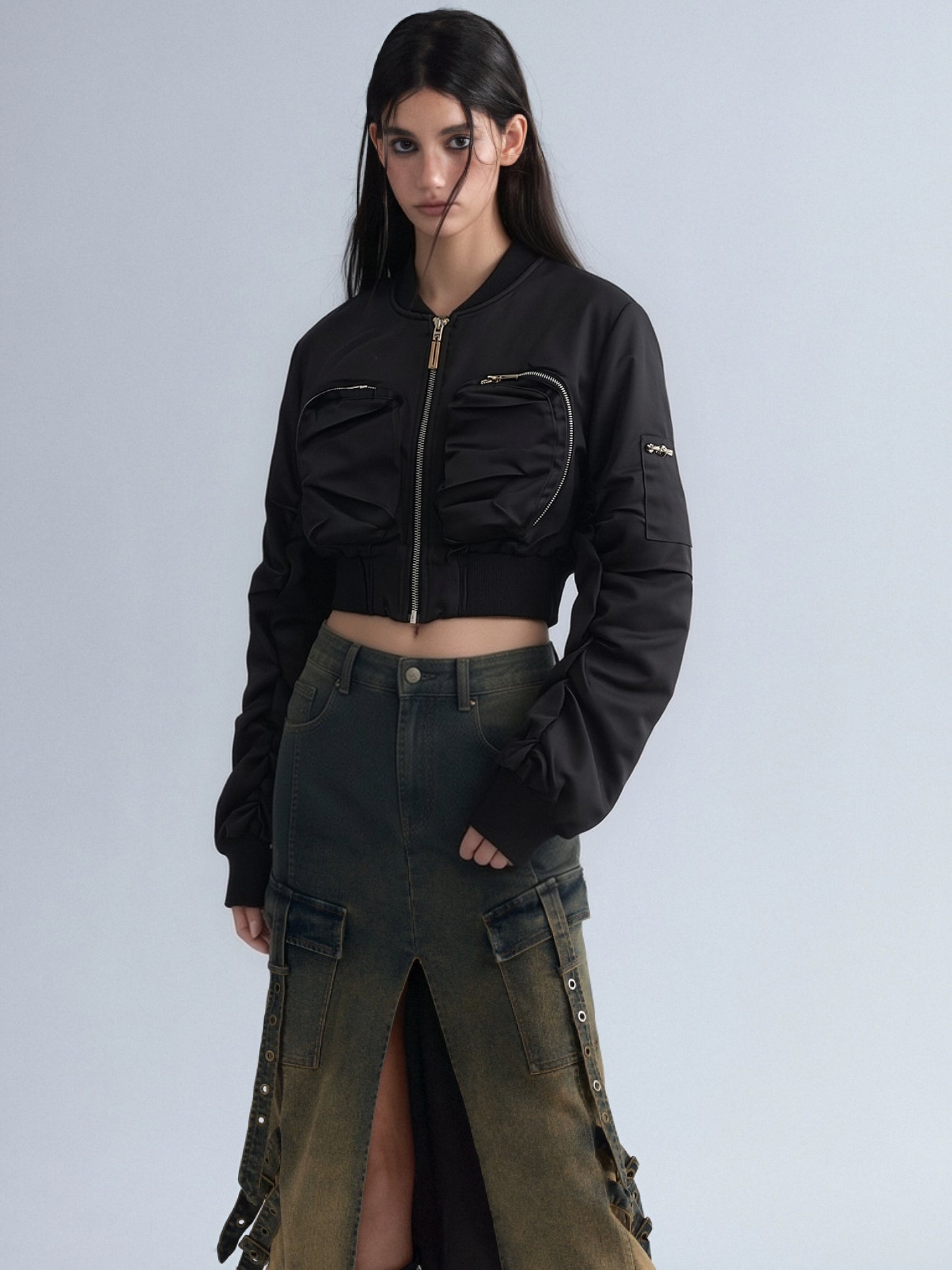 Women’s Cropped Bomber Jacket – Zip-Up Utility Pocket Jacket