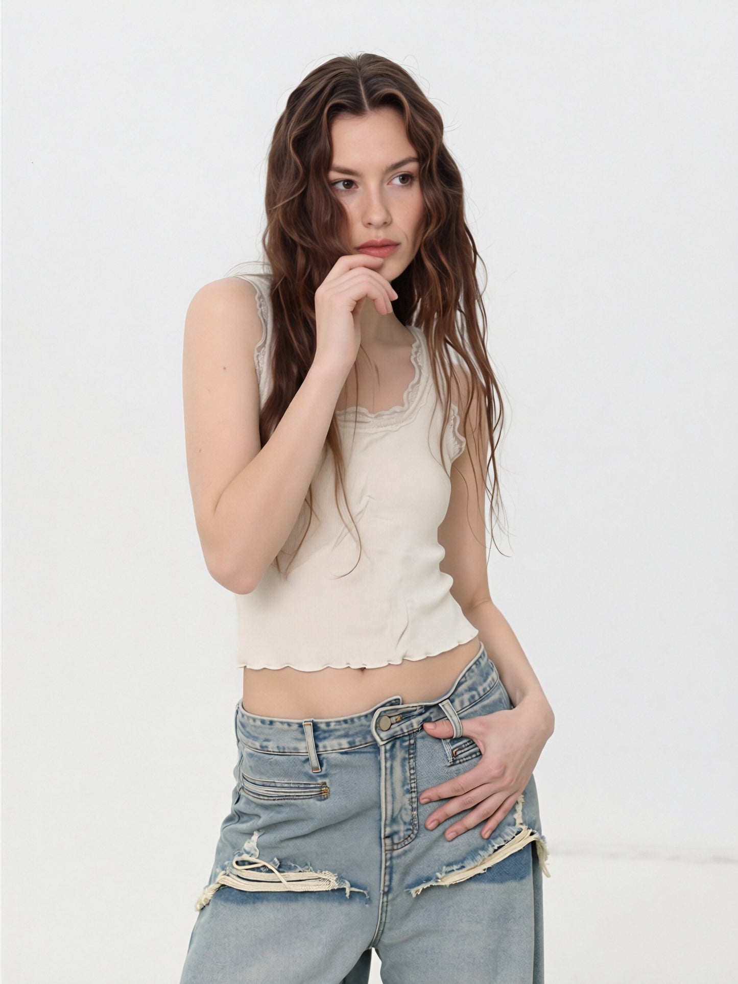 Women’s Lace Trim Tank Top – Ribbed Slim Fit Camisole Basic Layering Top