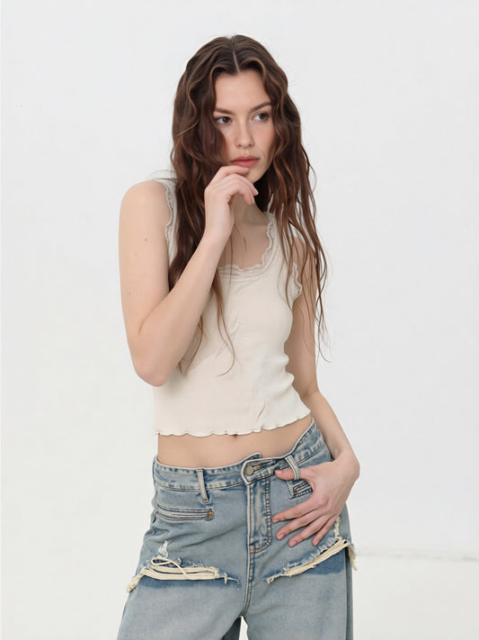 Women’s Lace Trim Tank Top – Ribbed Slim Fit Camisole Basic Layering Top