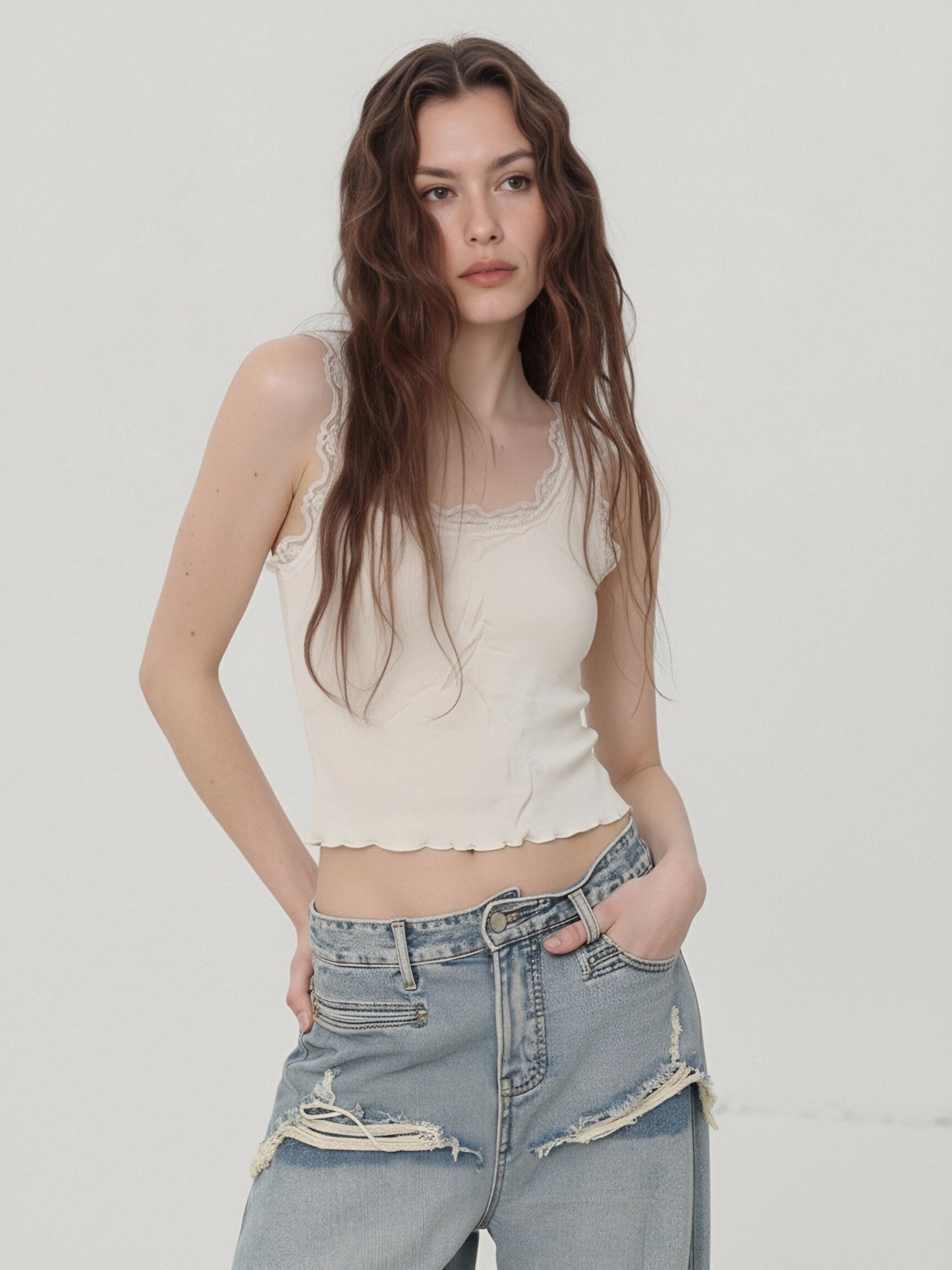 Women’s Lace Trim Tank Top – Ribbed Slim Fit Camisole Basic Layering Top