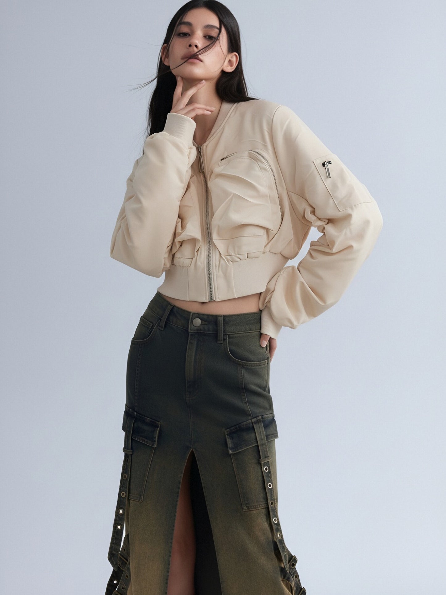 Women’s Cropped Bomber Jacket – Zip-Up Utility Pocket Jacket