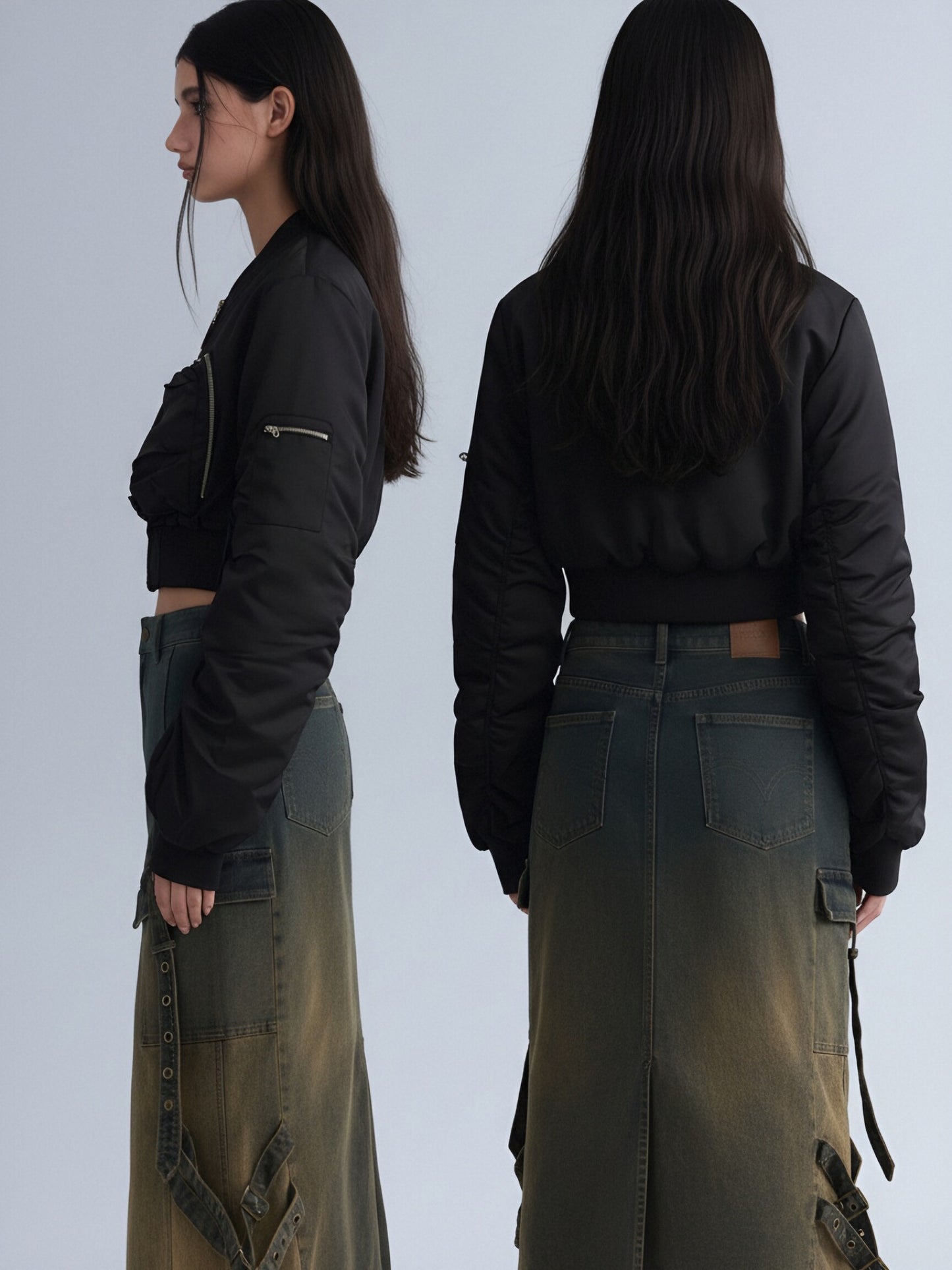 Women’s Cropped Bomber Jacket – Zip-Up Utility Pocket Jacket