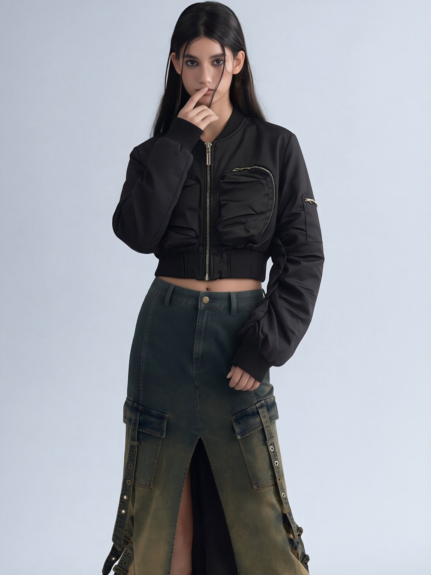 Women’s Cropped Bomber Jacket – Zip-Up Utility Pocket Jacket