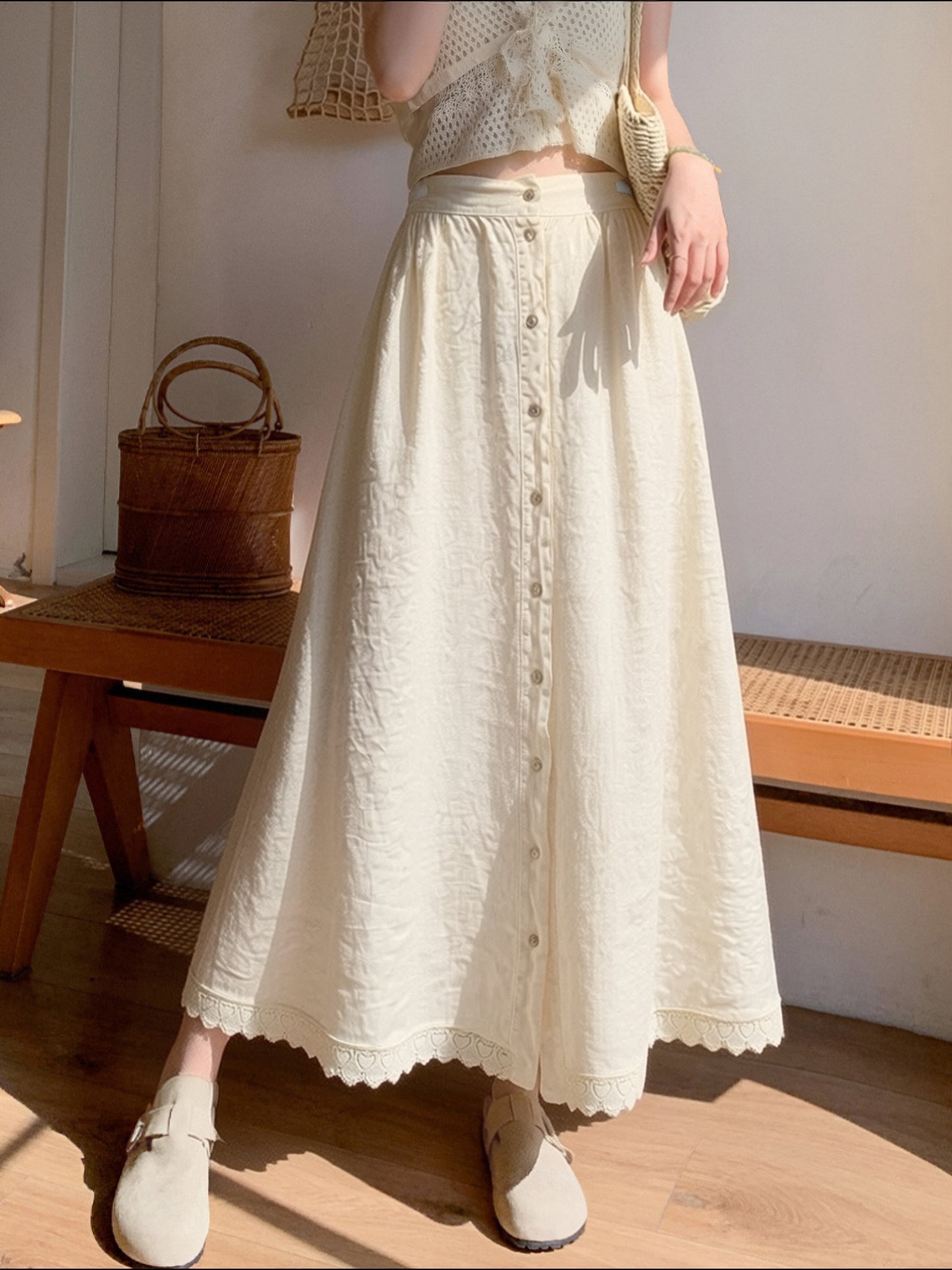 Women's Linen Button Front Maxi Skirt – Lace Hem A-Line Long Skirt with Elastic Waist