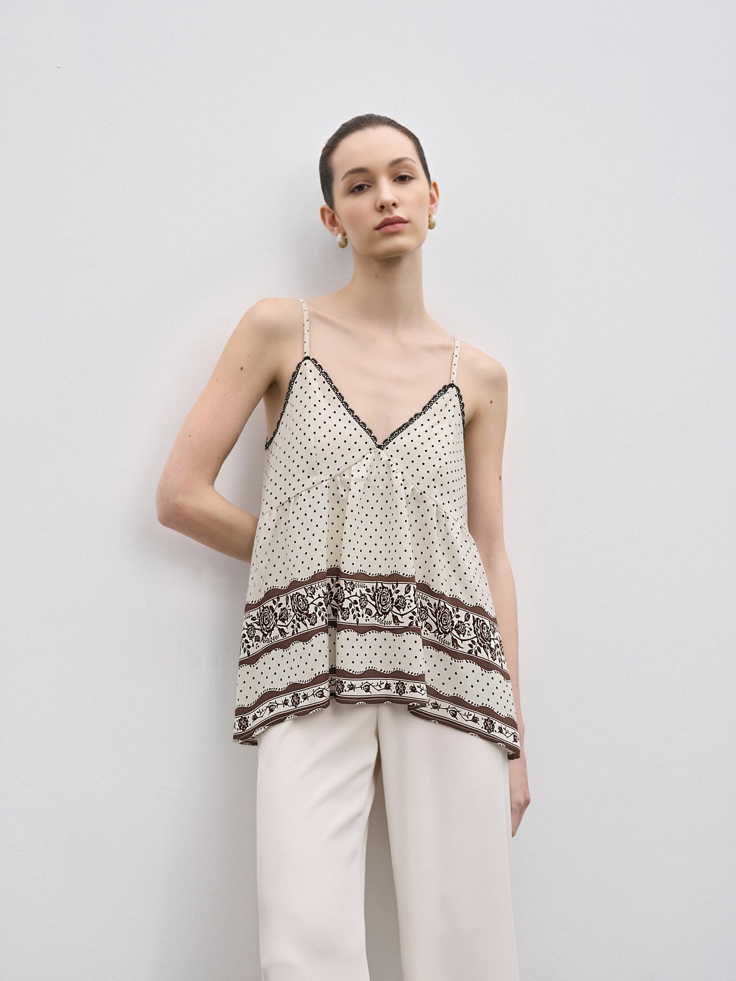 Vintage Polka Dot Lace Trim Cami Top | French Chic Floral Print Swing Tank