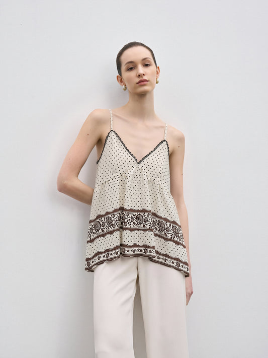 Vintage Polka Dot Lace Trim Cami Top | French Chic Floral Print Swing Tank