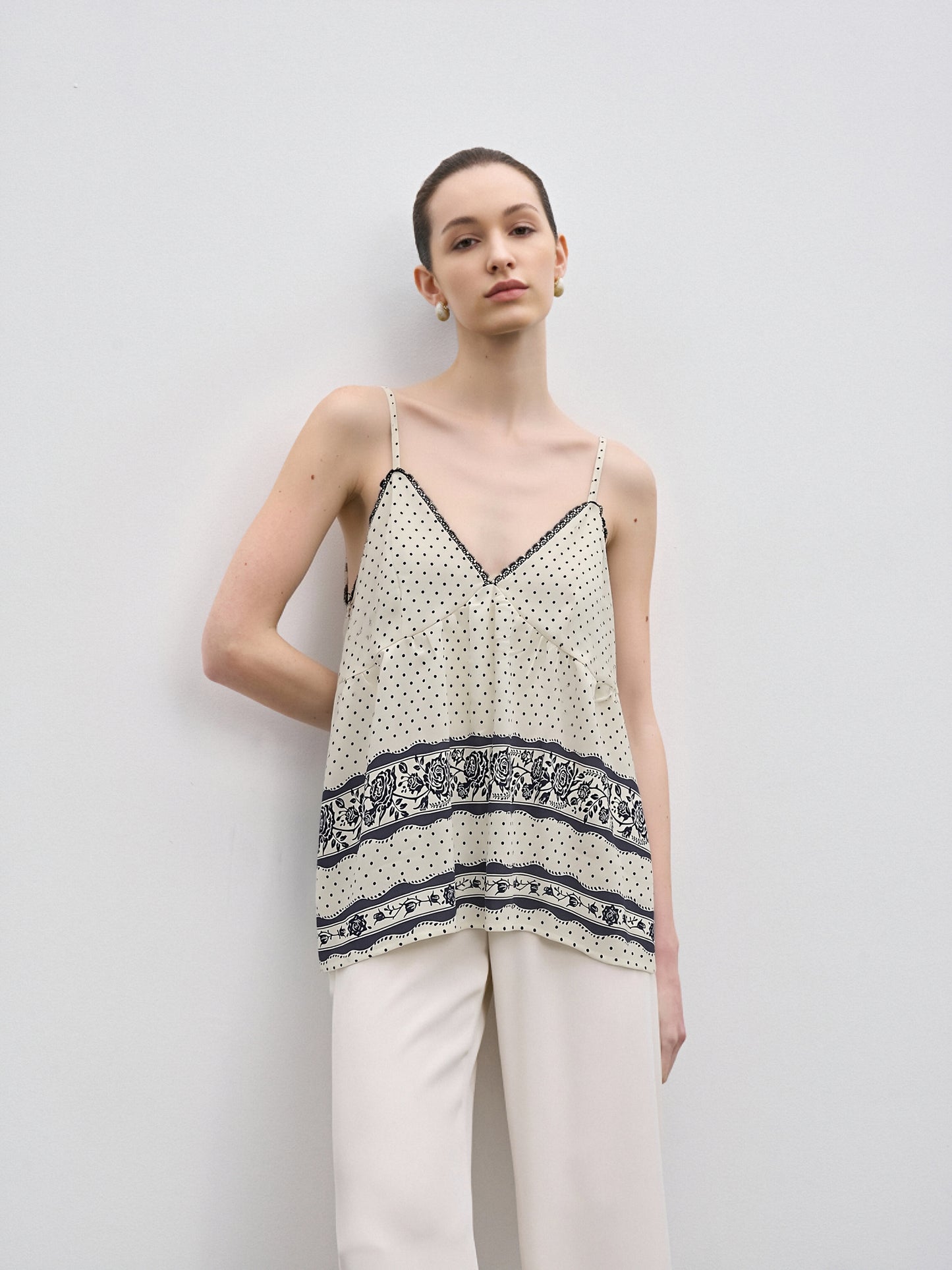 Vintage Polka Dot Lace Trim Cami Top | French Chic Floral Print Swing Tank