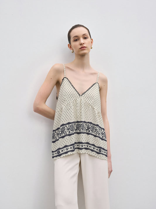 Vintage Polka Dot Lace Trim Cami Top | French Chic Floral Print Swing Tank
