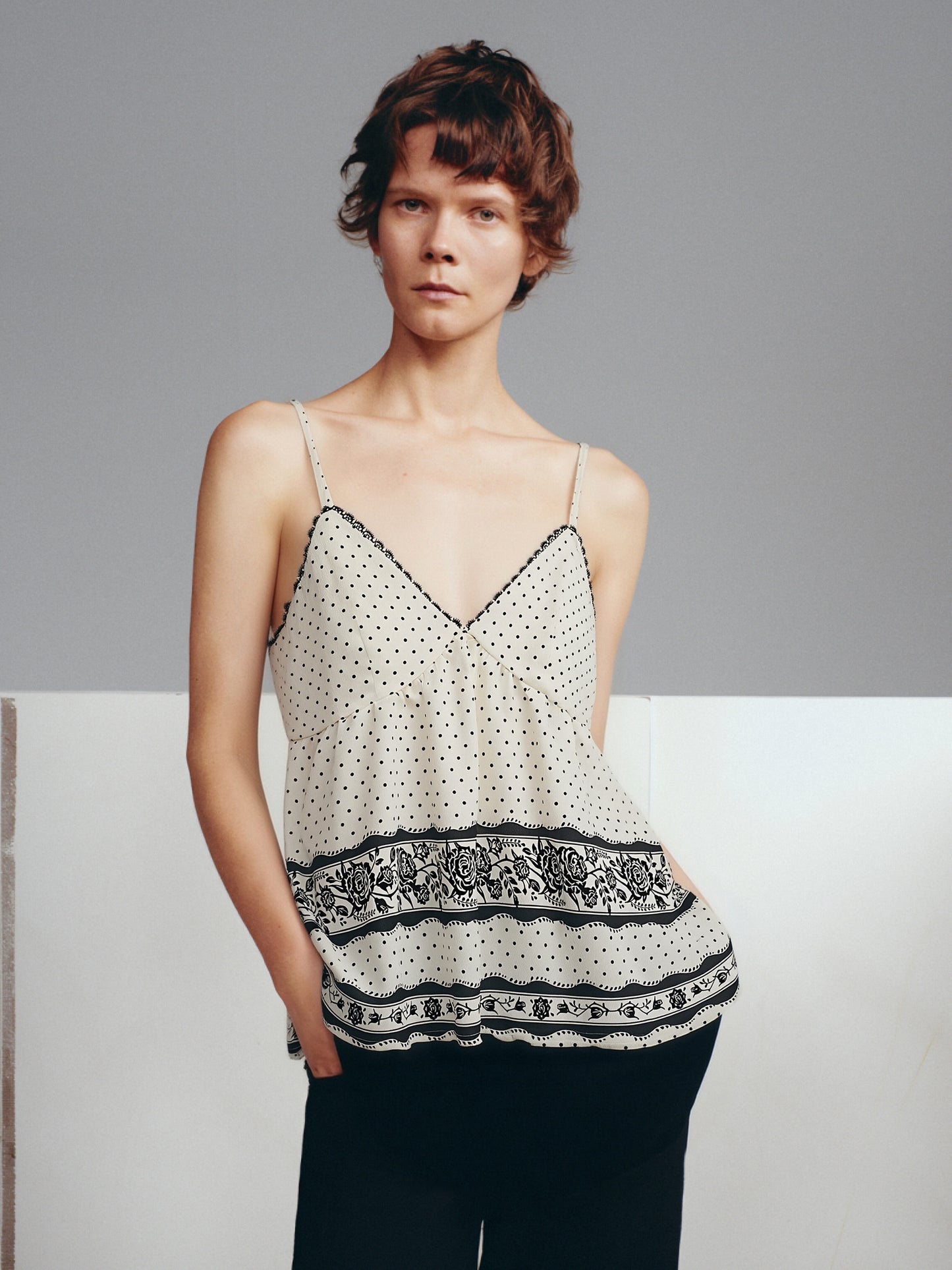Vintage Polka Dot Lace Trim Cami Top | French Chic Floral Print Swing Tank NERA