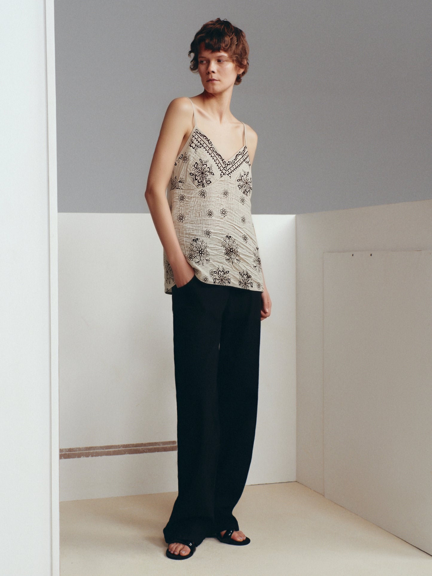 Women’s Embroidered Linen Cami Top – Boho Floral Print Spaghetti Strap Summer Tank COFFEE