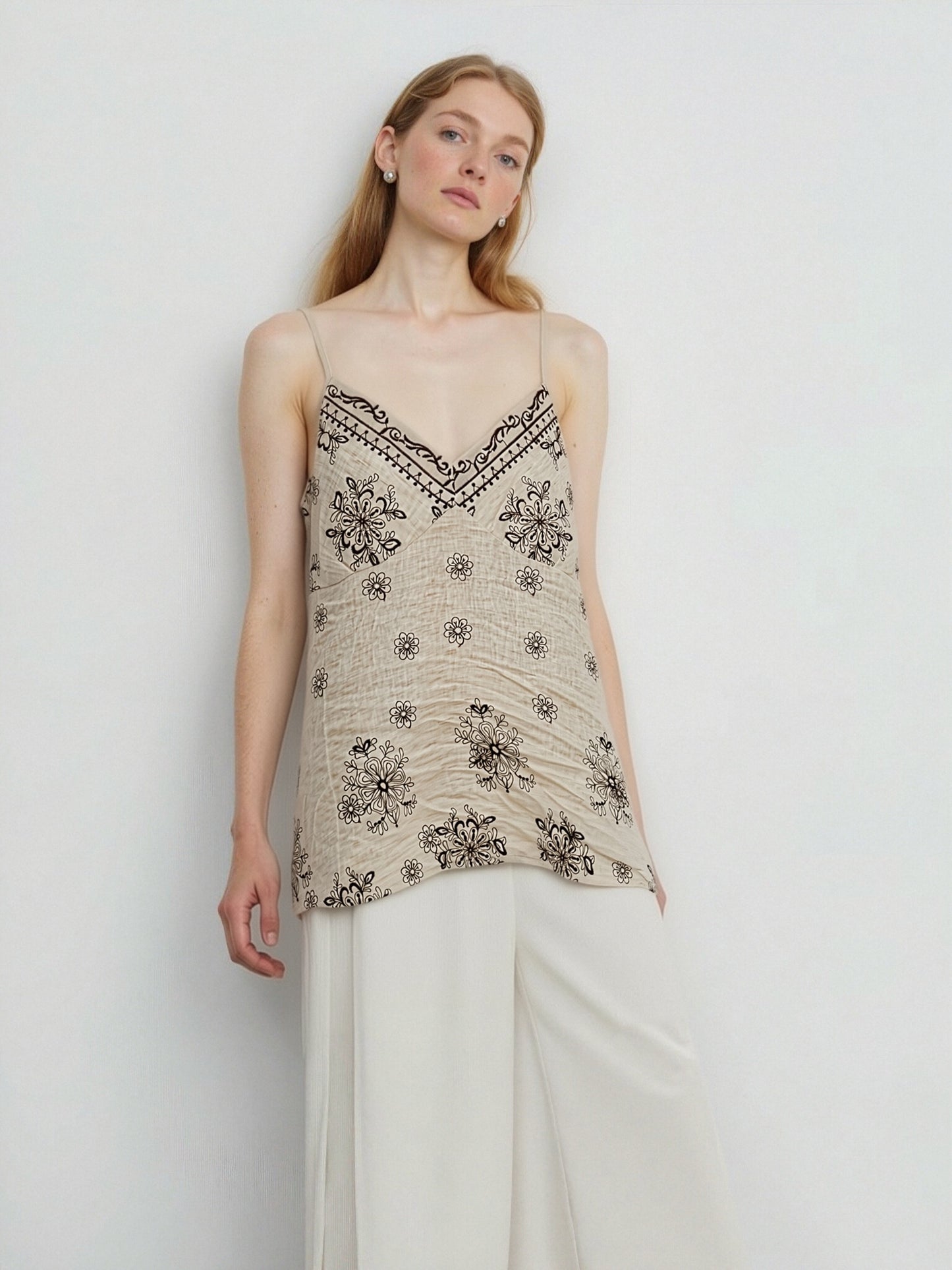 Women’s Embroidered Linen Cami Top – Boho Floral Print Spaghetti Strap Summer Tank COFFEE