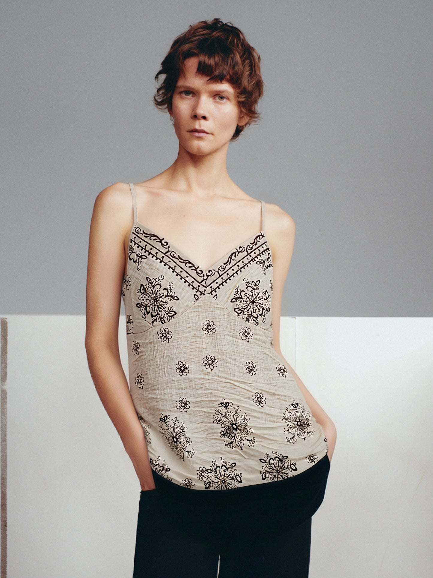Women’s Embroidered Linen Cami Top – Boho Floral Print Spaghetti Strap Summer Tank COFFEE