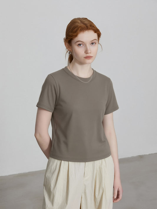 Ribbed Crew Neck T-Shirt – Slim Fit Stretch Basic Tee