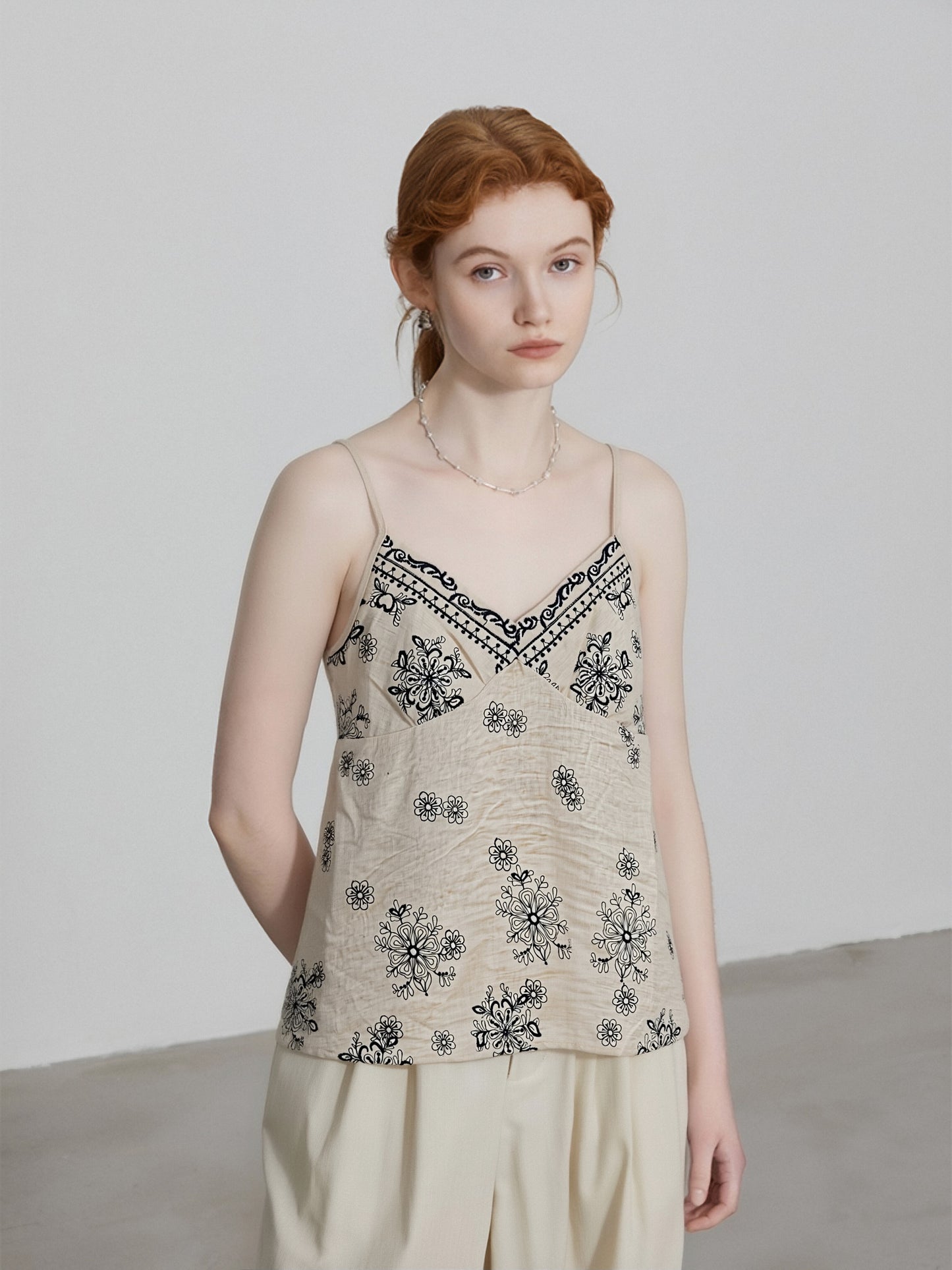 Women’s Embroidered Linen Cami Top – Boho Floral Print Spaghetti Strap Summer Tank BLU NAVY