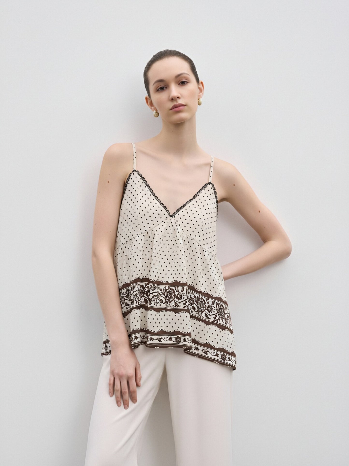 Vintage Polka Dot Lace Trim Cami Top | French Chic Floral Print Swing Tank