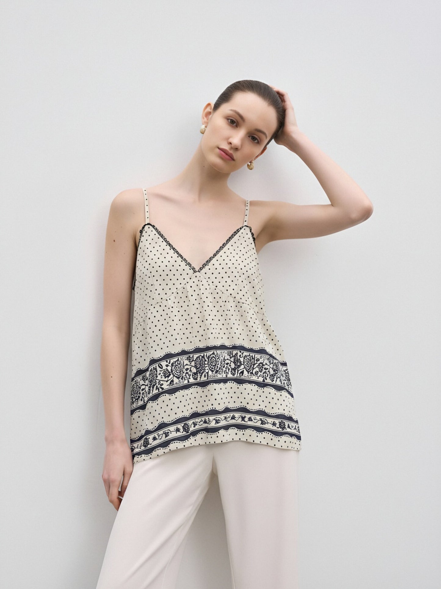 Vintage Polka Dot Lace Trim Cami Top | French Chic Floral Print Swing Tank