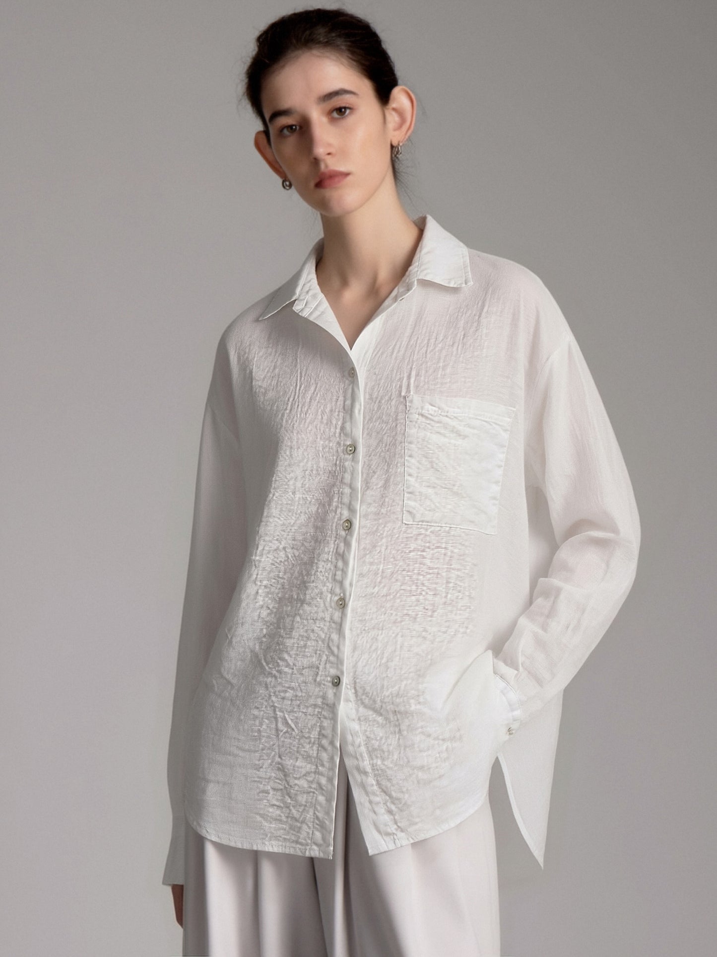 Women's Linen Oversized Button-Up Shirt – Lightweight Long Sleeve Relaxed Fit Blouse BIANCO