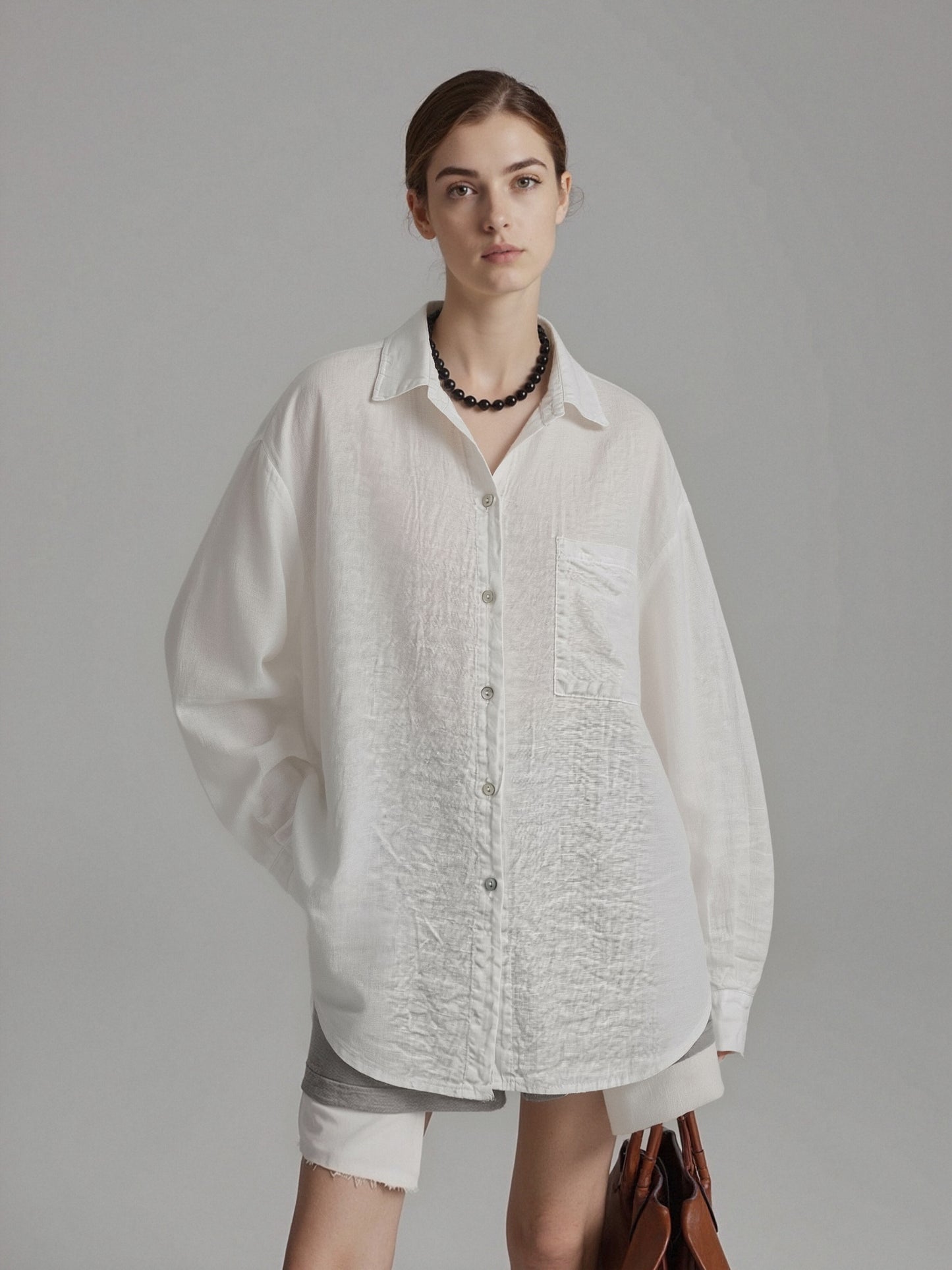 Women's Linen Oversized Button-Up Shirt – Lightweight Long Sleeve Relaxed Fit Blouse BIANCO