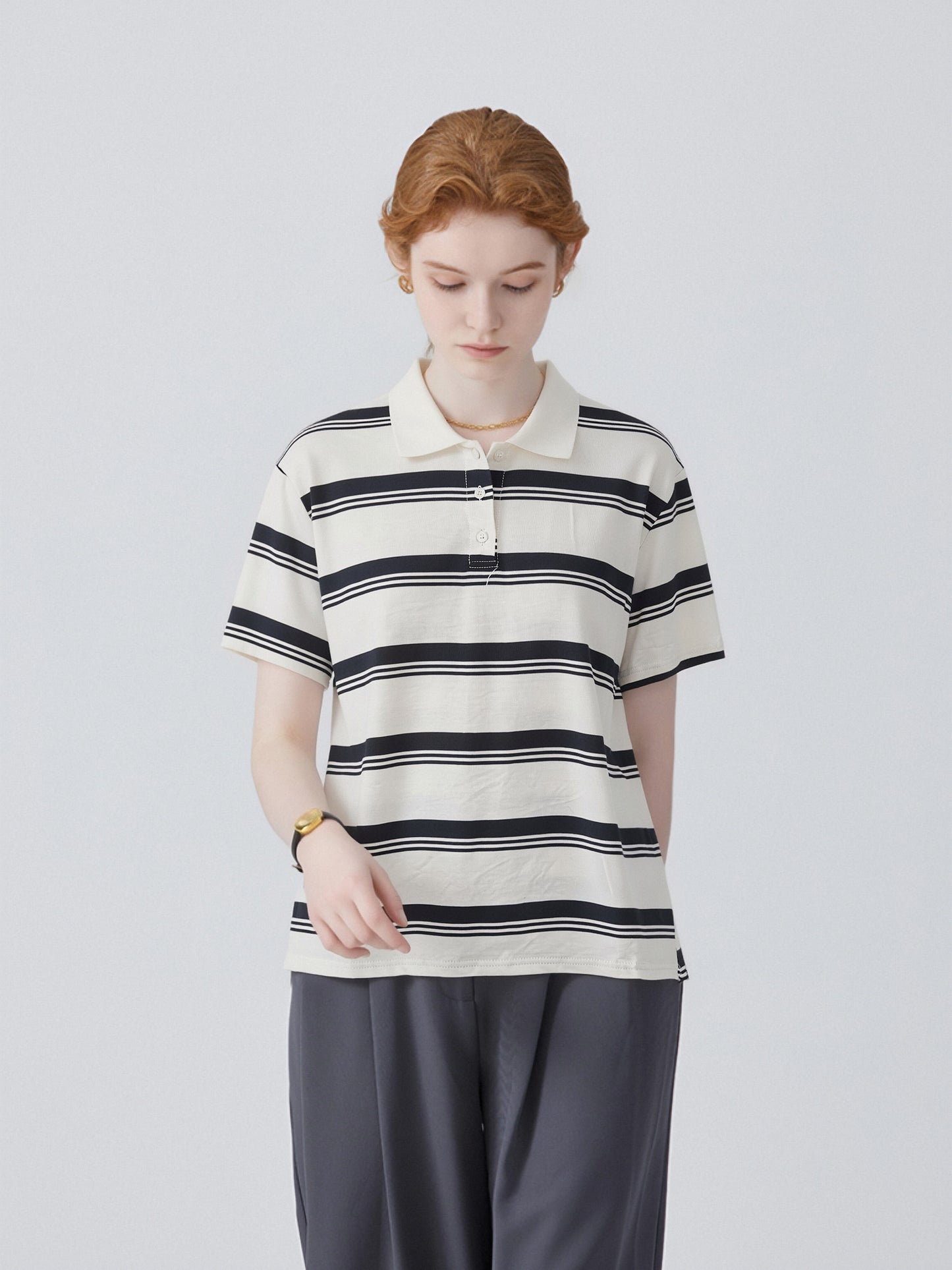 Women’s Striped Polo Shirt – Relaxed Fit Short Sleeve Knit Top, Classic Casual Preppy Style Tee