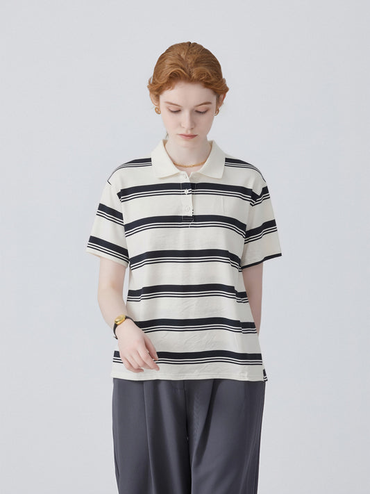 Women’s Striped Polo Shirt – Relaxed Fit Short Sleeve Knit Top, Classic Casual Preppy Style Tee