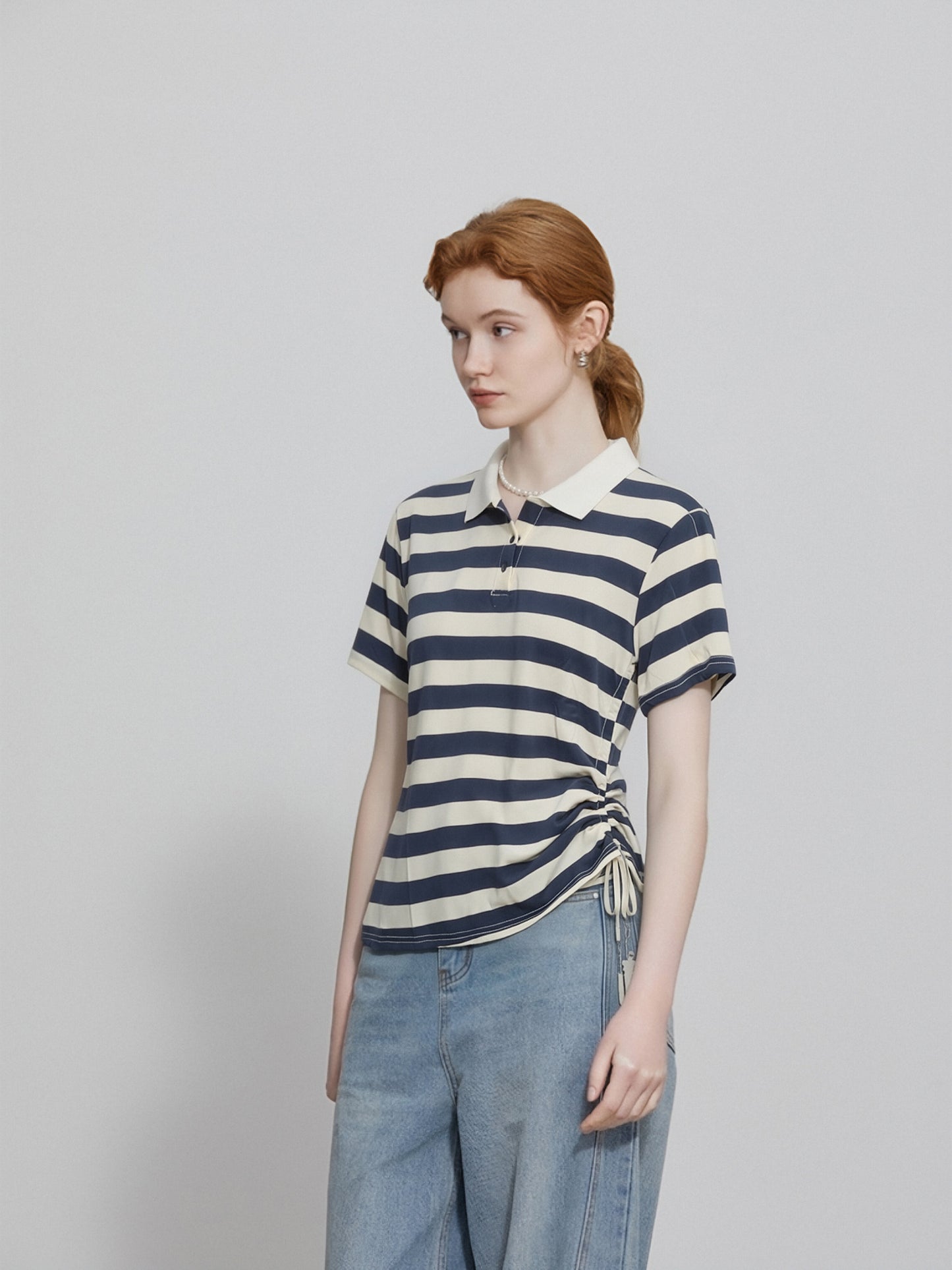 Women’s Striped Polo Shirt – Side Drawstring Slim Fit Top, Short Sleeve Casual Knit Tee