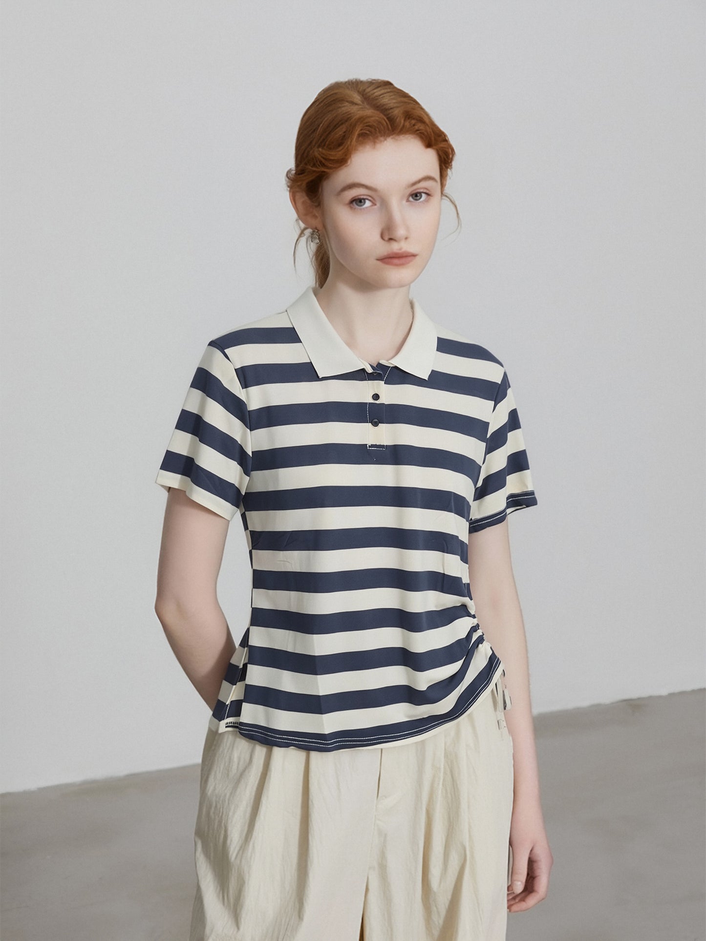 Women’s Striped Polo Shirt – Side Drawstring Slim Fit Top, Short Sleeve Casual Knit Tee