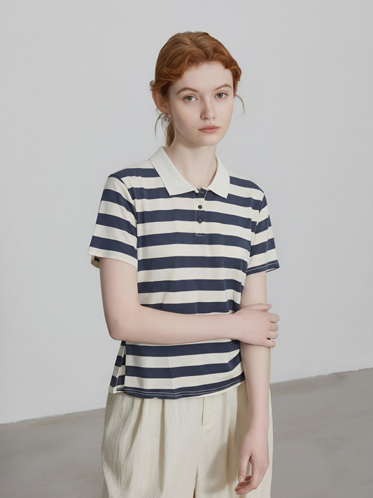 Women’s Striped Polo Shirt – Side Drawstring Slim Fit Top, Short Sleeve Casual Knit Tee
