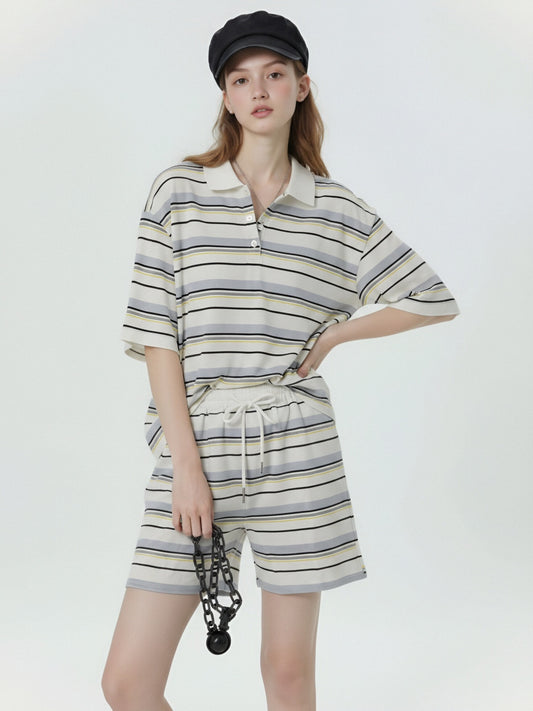 Women’s Striped Polo Shirt & Shorts Set – Casual Two Piece Lounge Set, Oversized Summer Co-Ord Outfit
