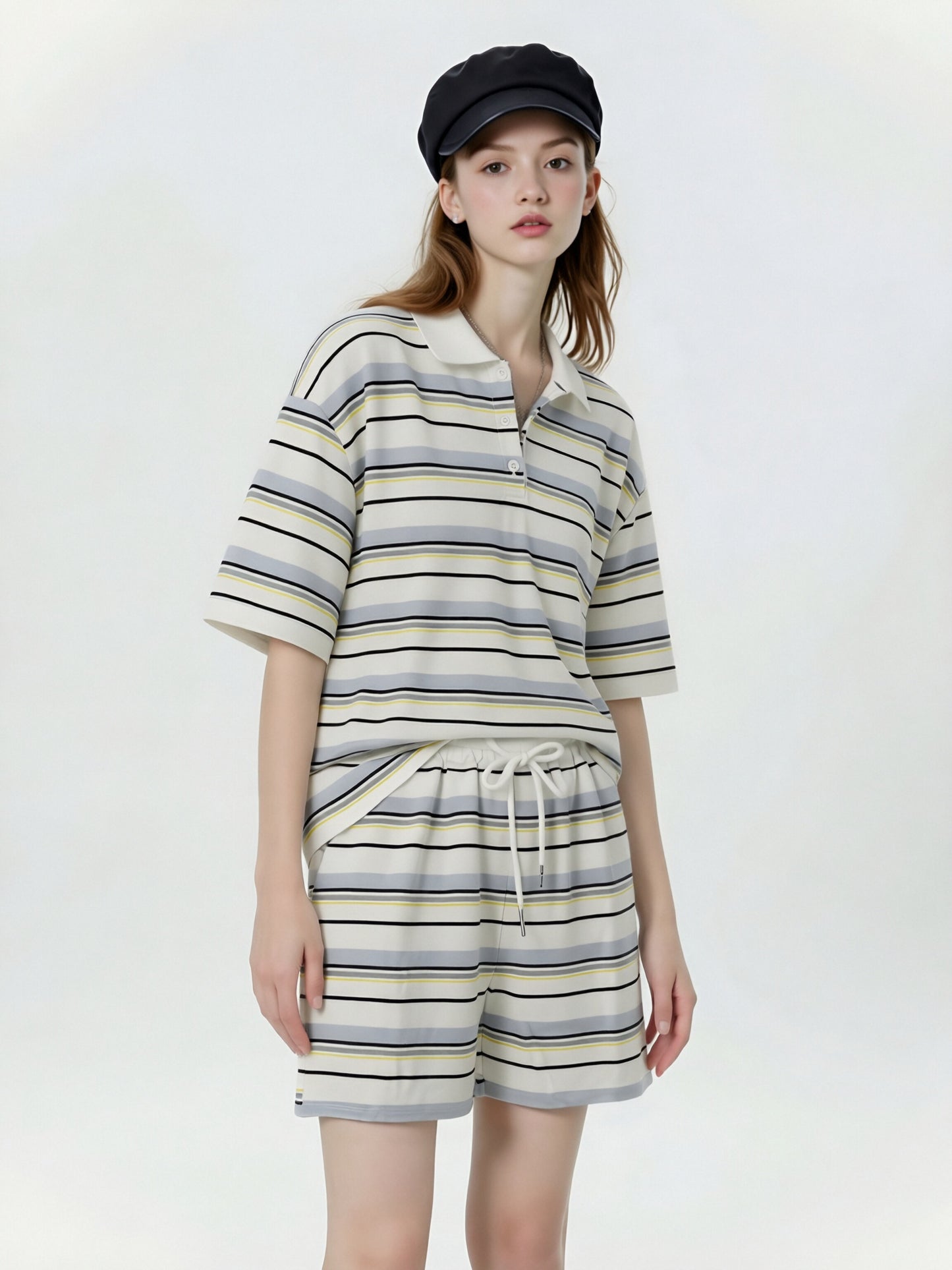 Women’s Striped Polo Shirt & Shorts Set – Casual Two Piece Lounge Set, Oversized Summer Co-Ord Outfit