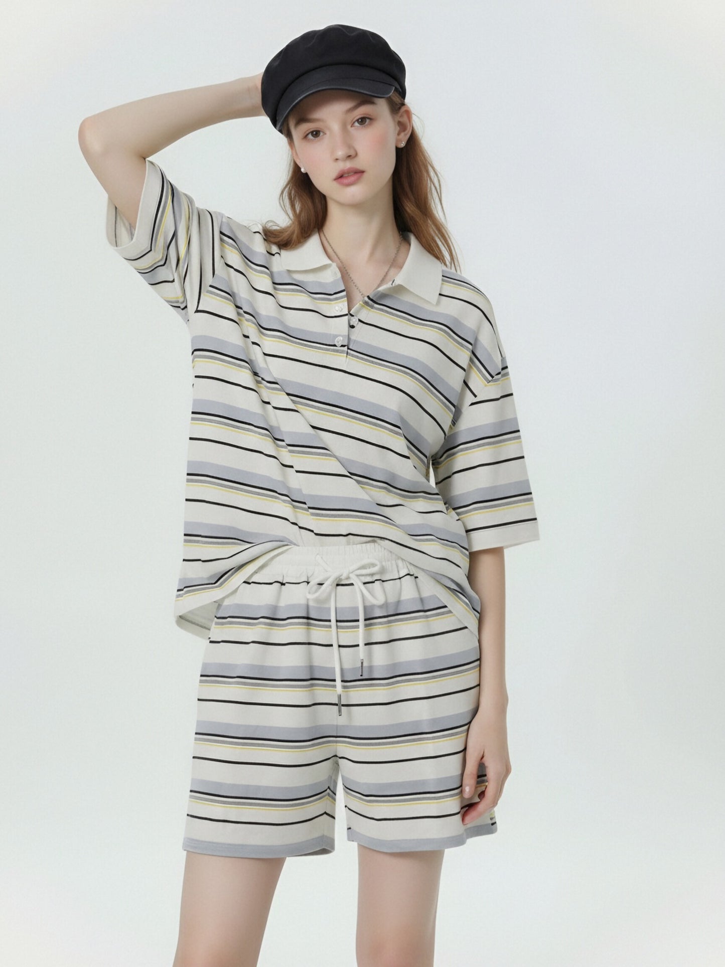 Women’s Striped Polo Shirt & Shorts Set – Casual Two Piece Lounge Set, Oversized Summer Co-Ord Outfit