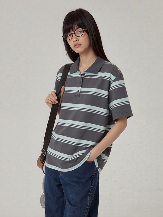 Women’s Striped Polo Shirt – Relaxed Fit Short Sleeve Knit Top, Classic Casual Preppy Style Tee