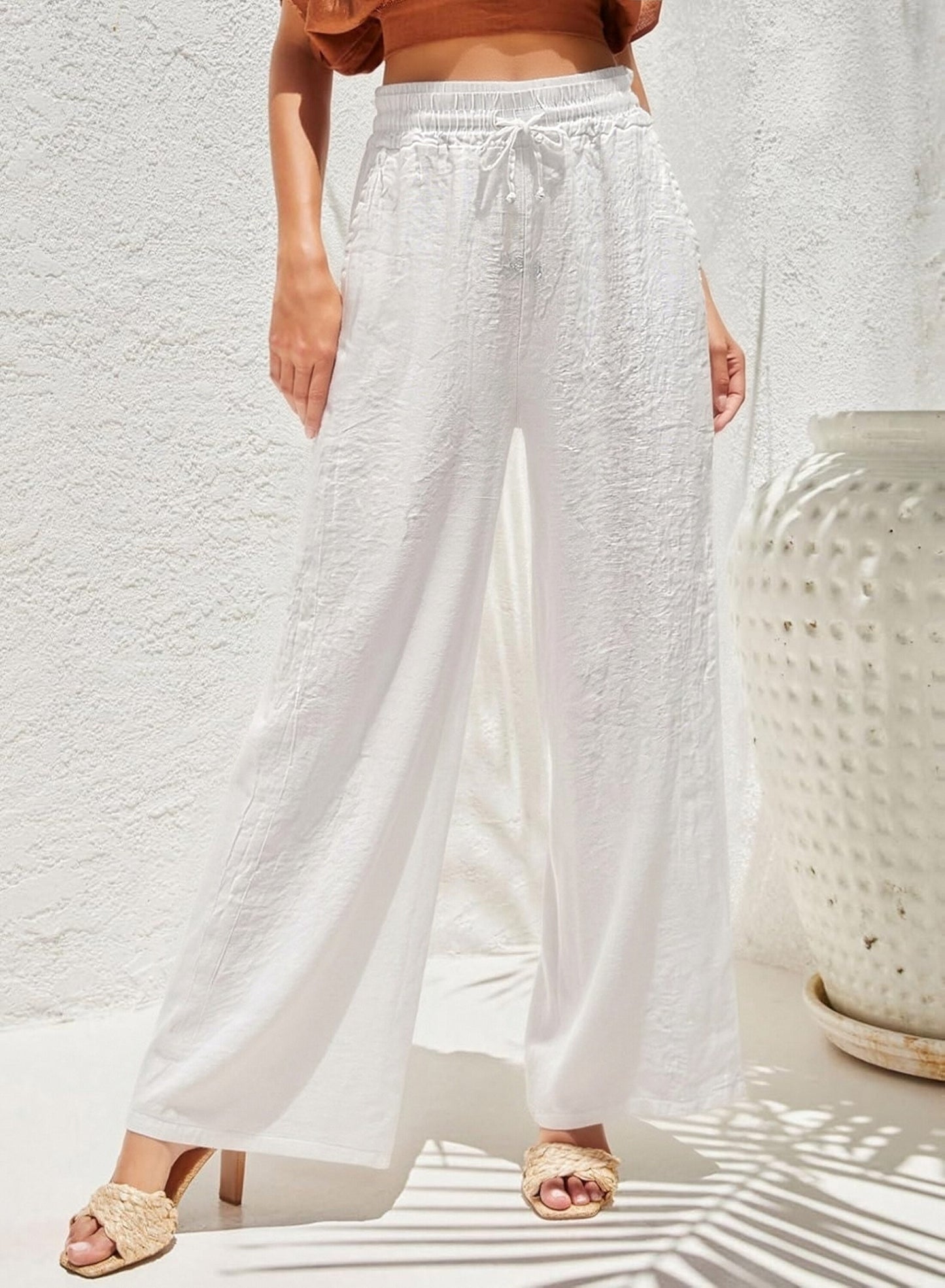 Women’s Linen Wide Leg Pants – Breathable Drawstring Trousers, Relaxed Fit Summer Linen Blend Palazzo Pants