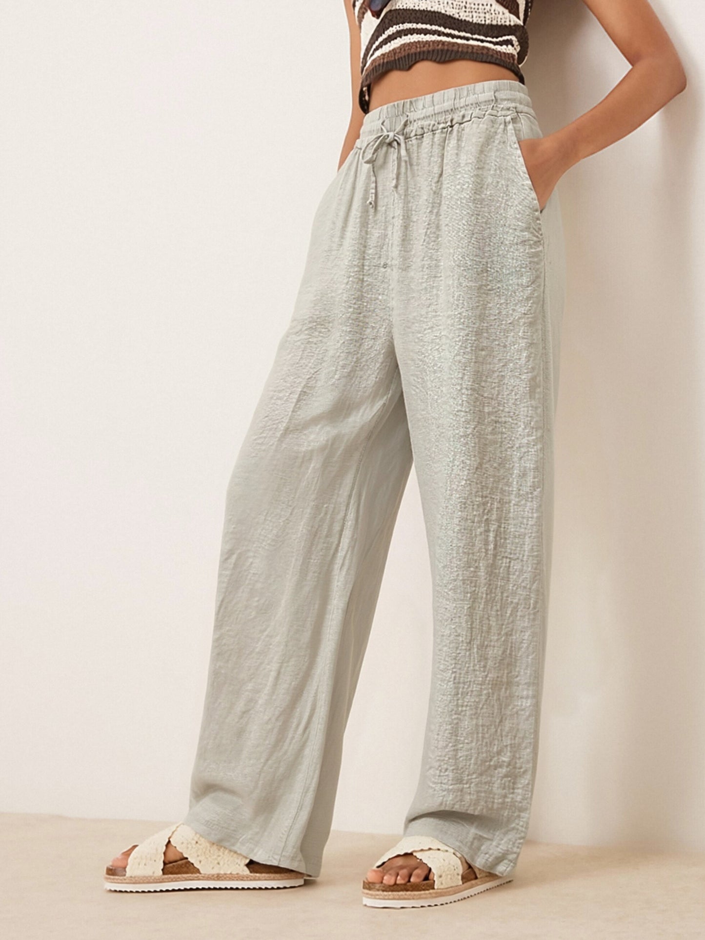 Women’s Linen Wide Leg Pants – Breathable Drawstring Trousers, Relaxed Fit Summer Linen Blend Palazzo Pants