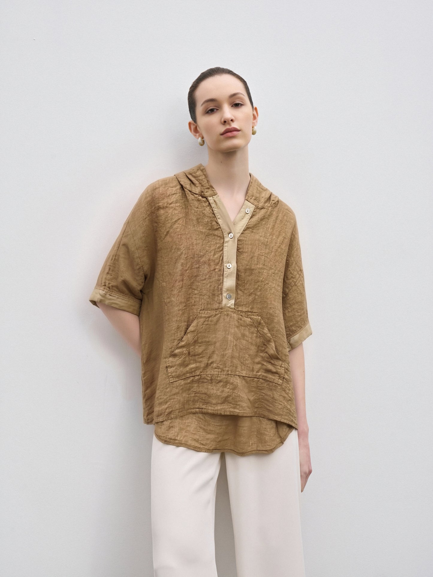 Women’s Linen Hooded Blouse – Relaxed Fit Button Front Linen Top with Pocket, Lightweight Summer Linen Shirt