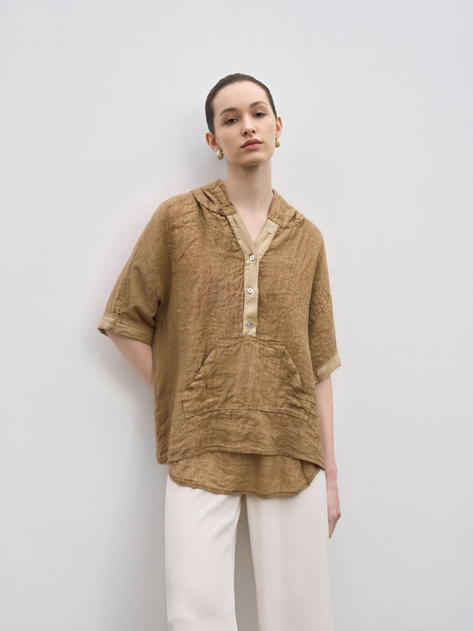Women’s Linen Hooded Blouse – Relaxed Fit Button Front Linen Top with Pocket, Lightweight Summer Linen Shirt