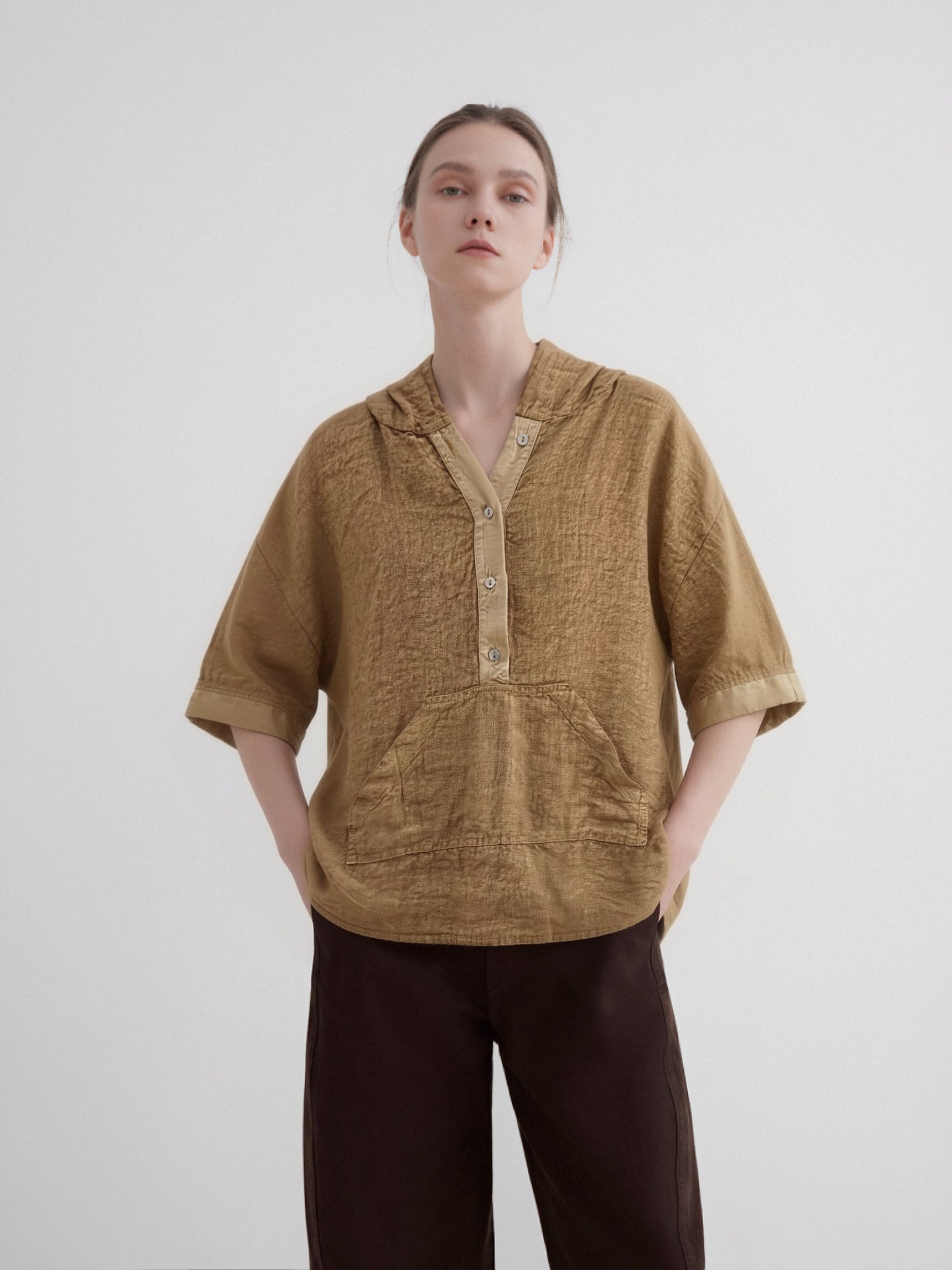 Women’s Linen Hooded Blouse – Relaxed Fit Button Front Linen Top with Pocket, Lightweight Summer Linen Shirt