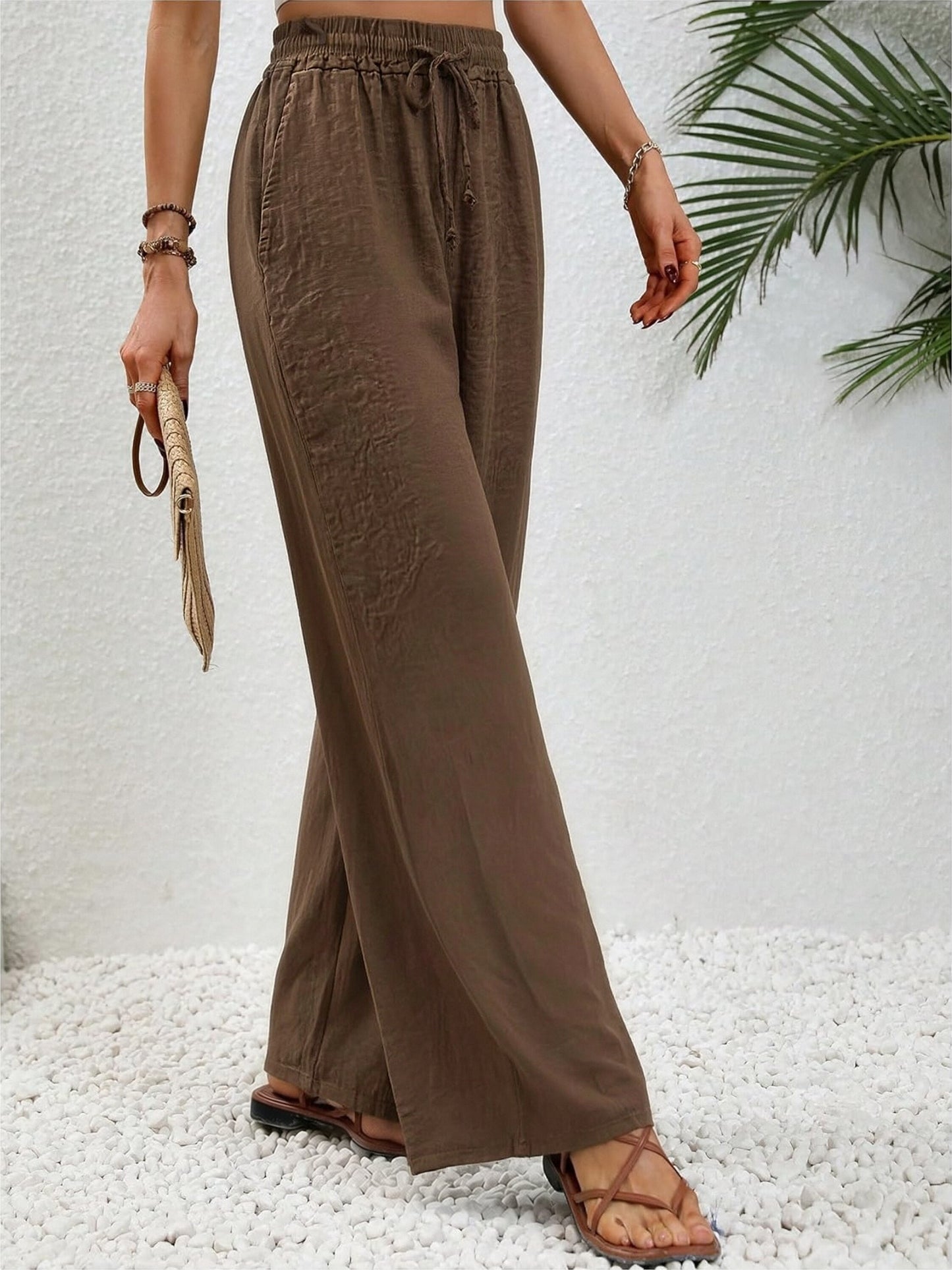 Women’s Linen Wide Leg Pants – Breathable Drawstring Trousers, Relaxed Fit Summer Linen Blend Palazzo Pants