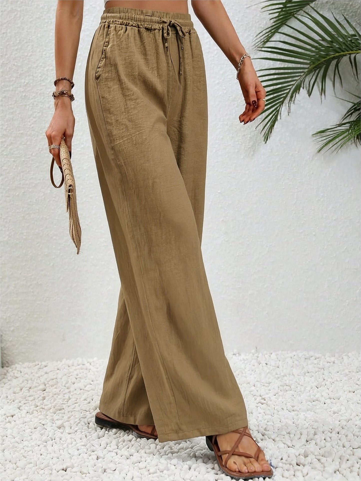Women’s Linen Wide Leg Pants – Breathable Drawstring Trousers, Relaxed Fit Summer Linen Blend Palazzo Pants
