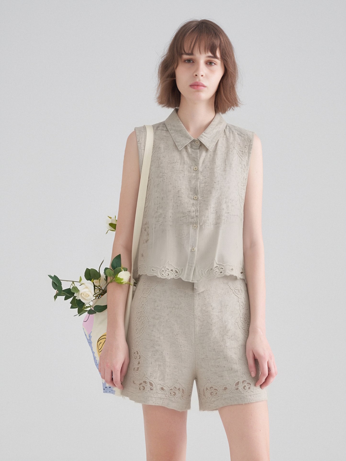 Women’s Embroidered Linen Two-Piece Set – Sleeveless Button-Up Linen Top & Lace Detail Shorts Summer Co-Ord Outfit