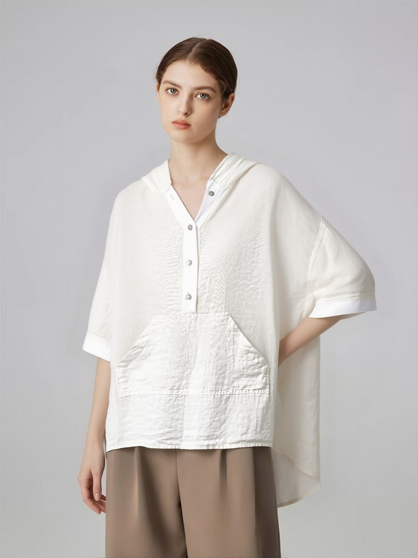 Women’s Linen Hooded Blouse – Relaxed Fit Button Front Linen Top with Pocket, Lightweight Summer Linen Shirt