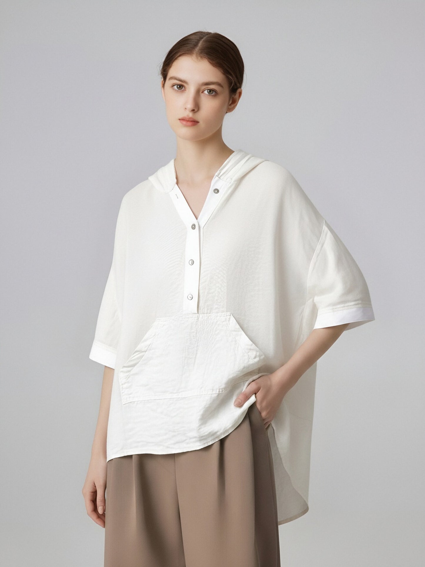 Women’s Linen Hooded Blouse – Relaxed Fit Button Front Linen Top with Pocket, Lightweight Summer Linen Shirt