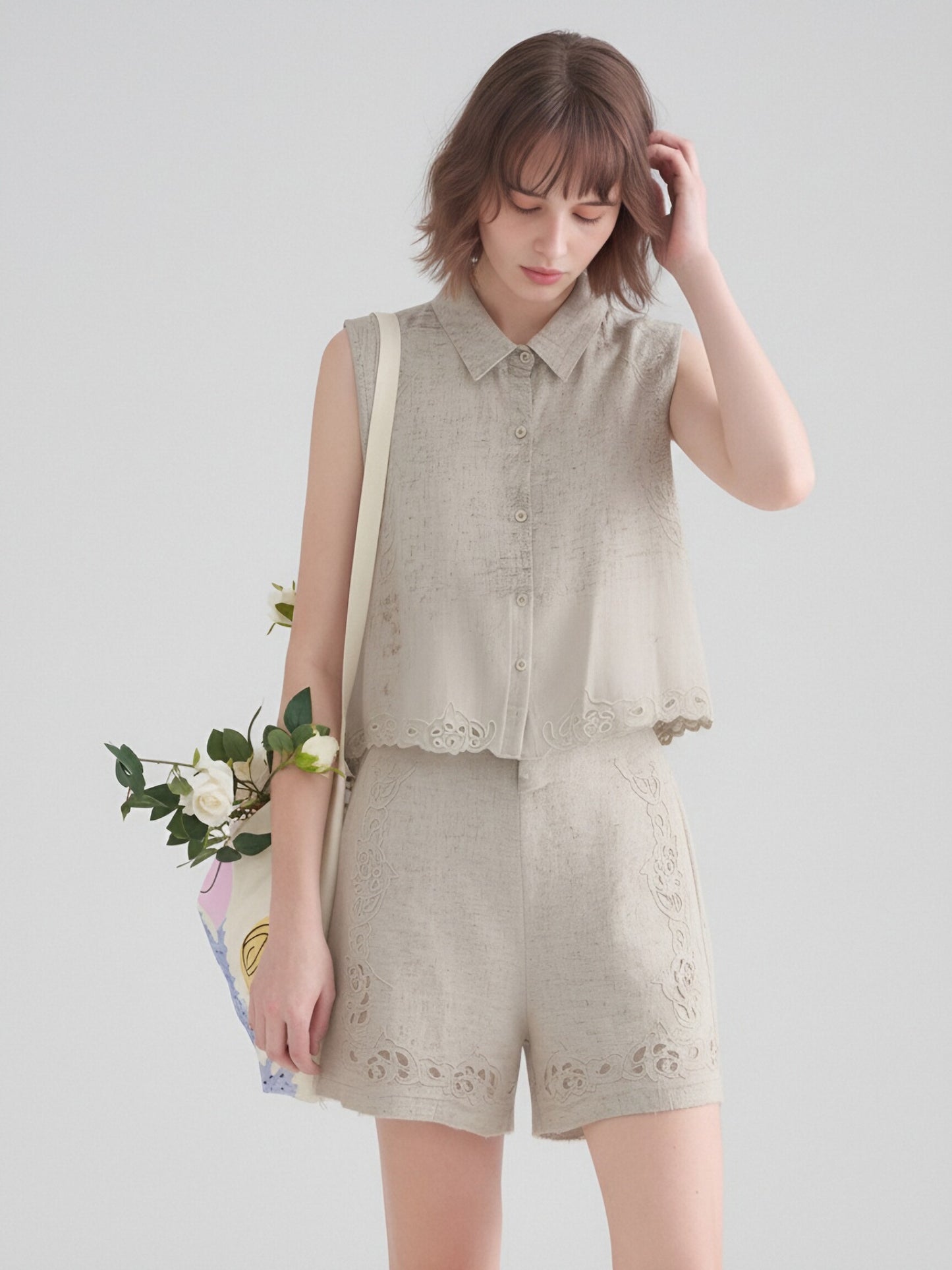 Women’s Embroidered Linen Two-Piece Set – Sleeveless Button-Up Linen Top & Lace Detail Shorts Summer Co-Ord Outfit