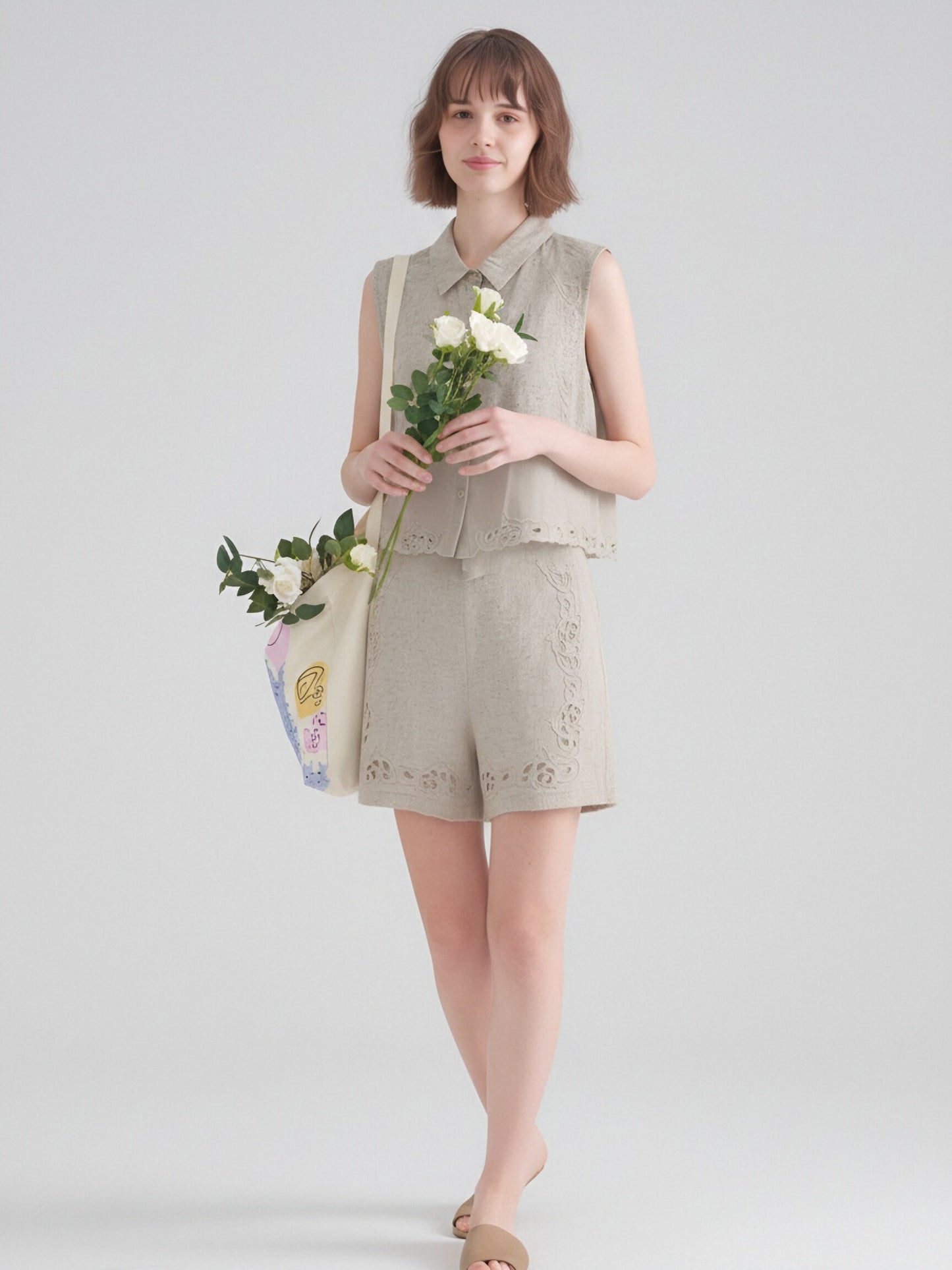 Women’s Embroidered Linen Two-Piece Set – Sleeveless Button-Up Linen Top & Lace Detail Shorts Summer Co-Ord Outfit
