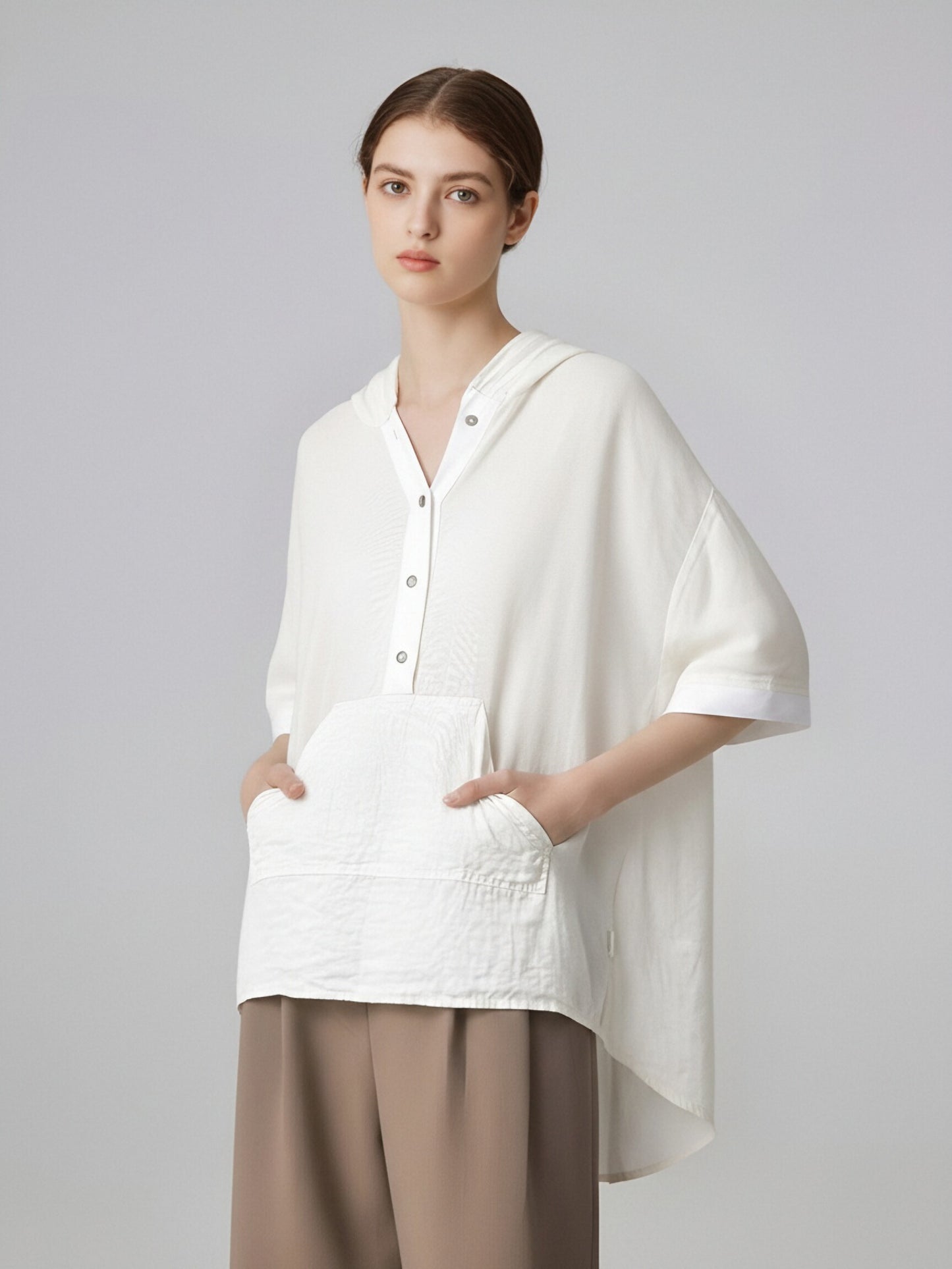 Women’s Linen Hooded Blouse – Relaxed Fit Button Front Linen Top with Pocket, Lightweight Summer Linen Shirt