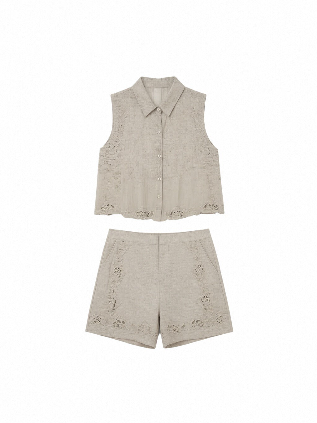 Women’s Embroidered Linen Two-Piece Set – Sleeveless Button-Up Linen Top & Lace Detail Shorts Summer Co-Ord Outfit