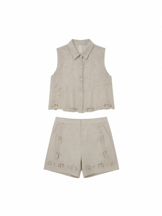 Women’s Embroidered Linen Two-Piece Set – Sleeveless Button-Up Linen Top & Lace Detail Shorts Summer Co-Ord Outfit