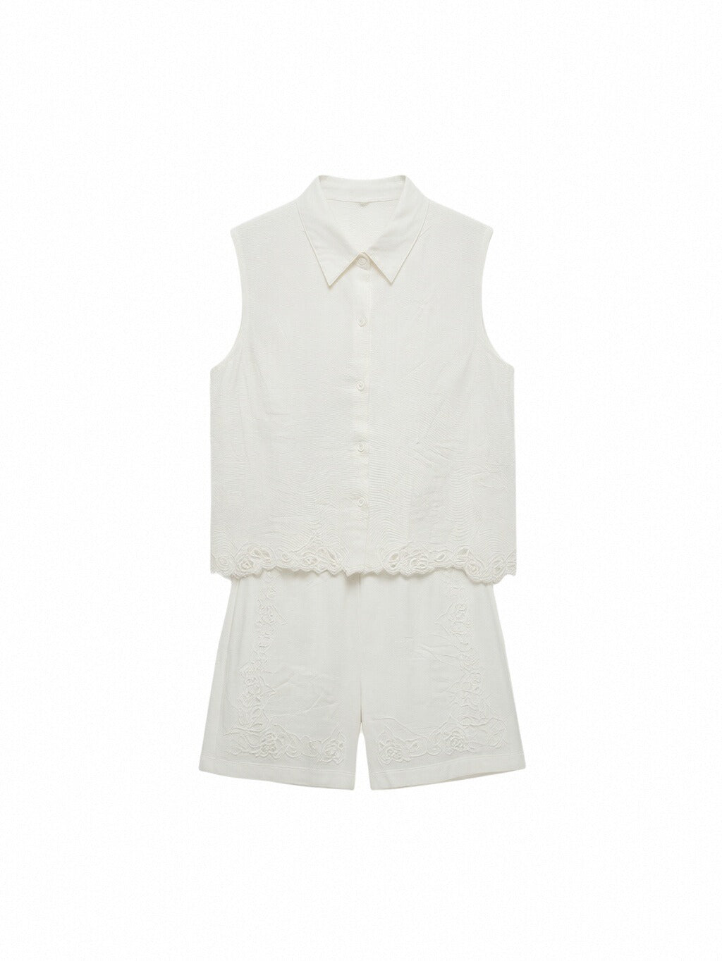 Women’s Embroidered Linen Two-Piece Set – Sleeveless Button-Up Linen Top & Lace Detail Shorts Summer Co-Ord Outfit