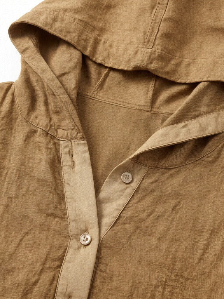 Women’s Linen Hooded Blouse – Relaxed Fit Button Front Linen Top with Pocket, Lightweight Summer Linen Shirt